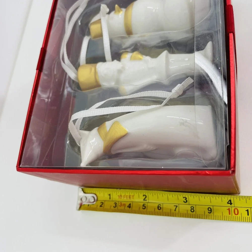Starbucks 2012 Holiday Ceramic Ornament Set Fox Nutcracker Snowman White‎ Gold